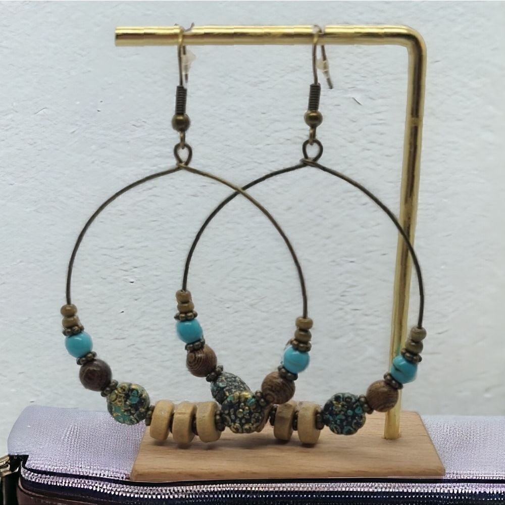 Earthy Boho Beaded Wire Hoops Dangle Drop Earrings Tribal Native Jewelry New